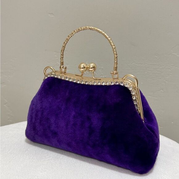 Purple Handmade Genuine Shearling Kisslock Top Handle bag/Shoulder Bag/Crossbody - Picture 7 of 16